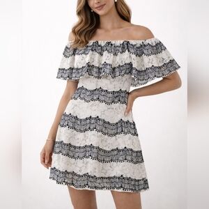 J.O.A. Revolve Tiered Off The Shoulder Lace Mini Dress in Nude Black, Size M